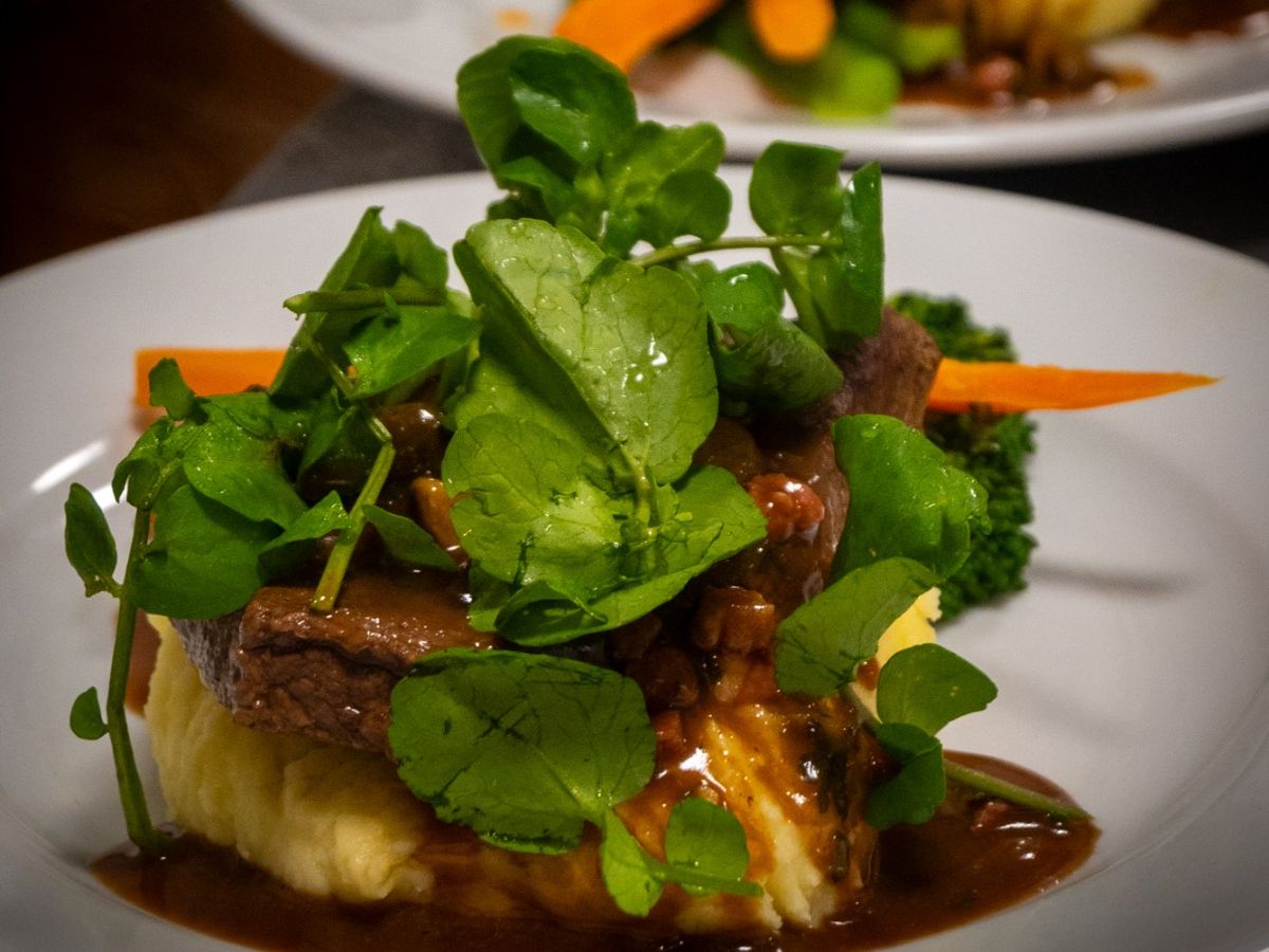 Two plated beef dishes with mashed potato, watercress and broccoli